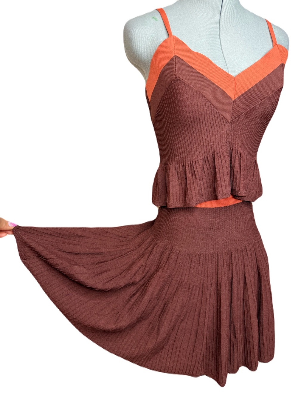 Eva Franco Ribbed Knit 2PC Skirt Set S Ruffled